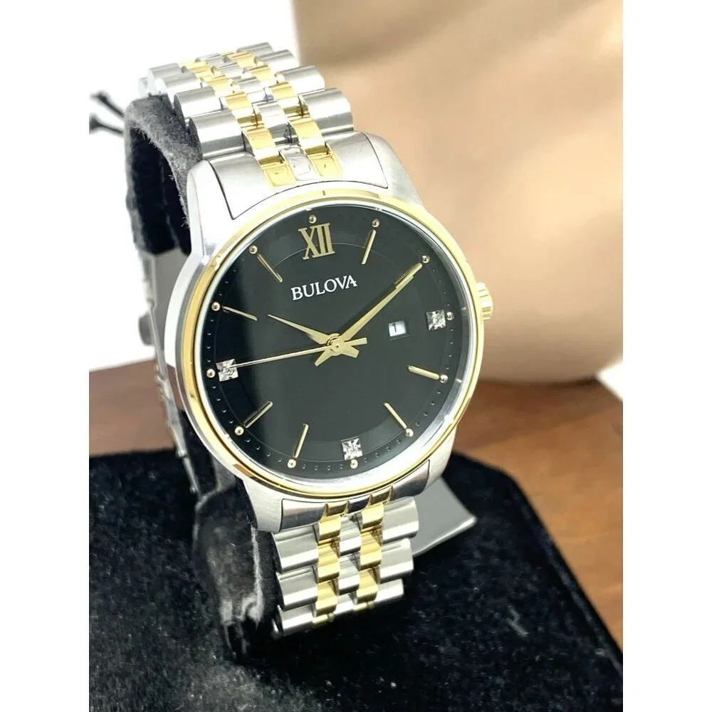Bulova Women's Watch 98P198 Black Dial Diamond Quartz Two Tone Stainless Steel